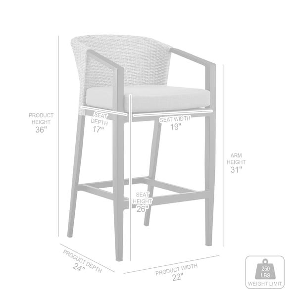 Armen Living Aileen Outdoor Patio Counter Height Bar Stool in Aluminum and Wicker with Gray Cushions - 840254333185