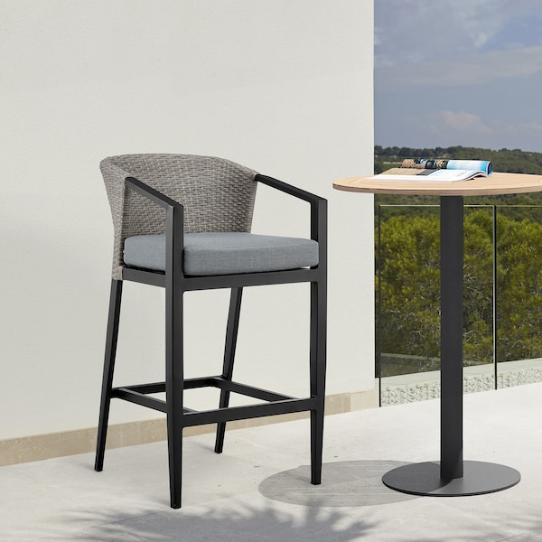 Armen Living Aileen Outdoor Patio Counter Height Bar Stool in Aluminum and Wicker with Gray Cushions - 840254333185