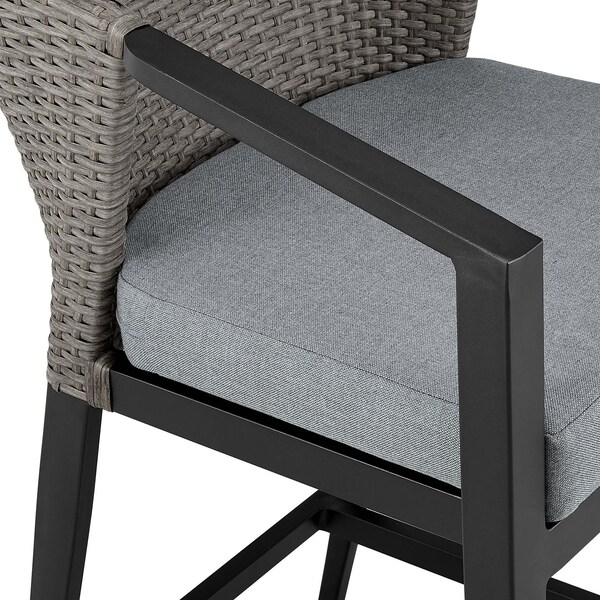 Armen Living Aileen Outdoor Patio Counter Height Bar Stool in Aluminum and Wicker with Gray Cushions - 840254333185