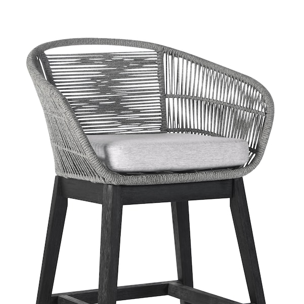 Armen Living Tutti Frutti Indoor Outdoor Bar Height Bar Stool in Black Brushed Eucalyptus Wood with Gray Rope - LCTFBAGRBL30