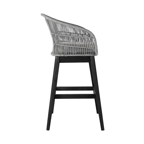 Armen Living Tutti Frutti Indoor Outdoor Bar Height Bar Stool in Black Brushed Eucalyptus Wood with Gray Rope - LCTFBAGRBL30