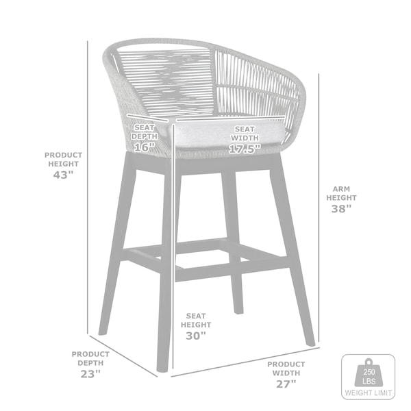 Armen Living Tutti Frutti Indoor Outdoor Bar Height Bar Stool in Black Brushed Eucalyptus Wood with Gray Rope - LCTFBAGRBL30