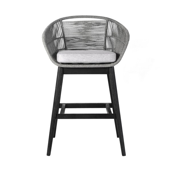Armen Living Tutti Frutti Indoor Outdoor Bar Height Bar Stool in Black Brushed Eucalyptus Wood with Gray Rope - LCTFBAGRBL30