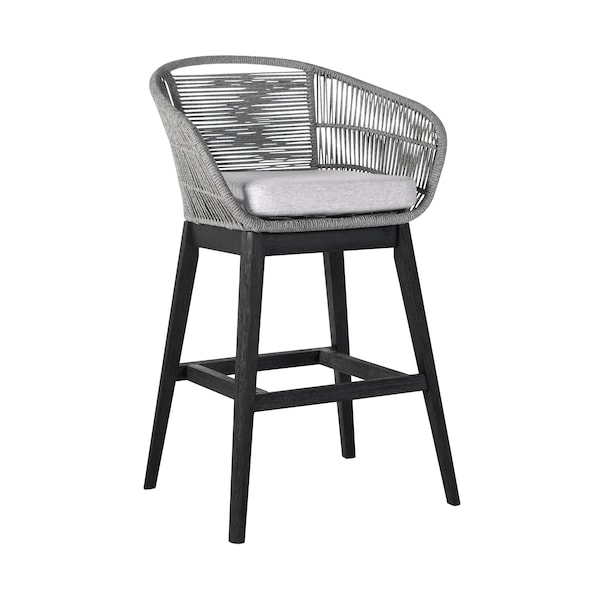 Armen Living Tutti Frutti Indoor Outdoor Bar Height Bar Stool in Black Brushed Eucalyptus Wood with Gray Rope - LCTFBAGRBL30