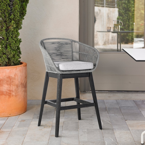 Armen Living Tutti Frutti Indoor Outdoor Bar Height Bar Stool in Black Brushed Eucalyptus Wood with Gray Rope - LCTFBAGRBL30