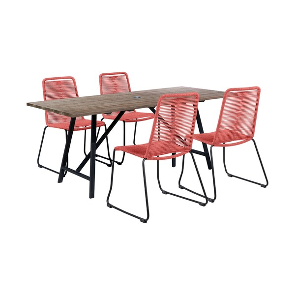 Armen Living Koala and Shasta 5 Piece Outdoor Patio Dining Set in Light Eucalyptus Wood and Brick Red Rope - 840254336391