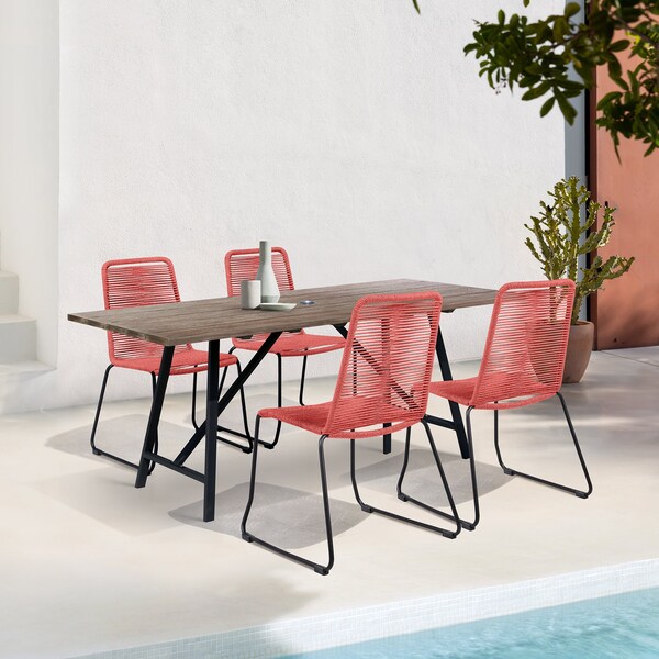Armen Living Koala and Shasta 5 Piece Outdoor Patio Dining Set in Light Eucalyptus Wood and Brick Red Rope - 840254336391