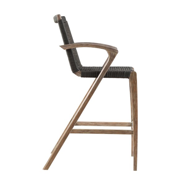 Armen Living Brielle Outdoor Light Eucalyptus Wood and Charcoal Rope Counter Height Stool - LCBLBACH26