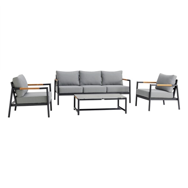 Armen Living Crown Aluminum and Teak Wood Outdoor Chair in Black and Dark Gray - SETODCRBLBX1