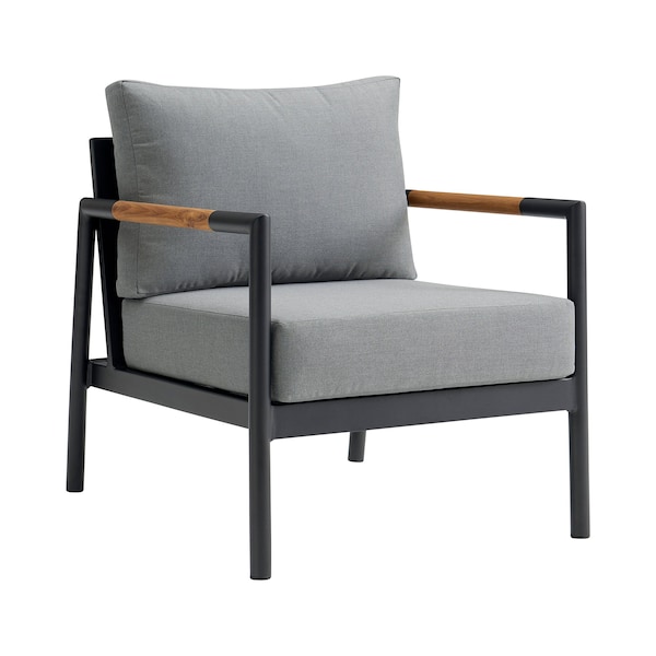 Armen Living Crown Aluminum and Teak Wood Outdoor Chair in Black and Dark Gray - SETODCRBLBX1