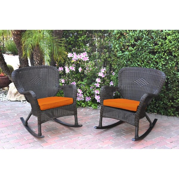 Jeco W00215-R-2-FS016 Windsor Espresso Resin Wicker Rocker Chair with Orange Cushion, 2PK - W00215-R_2-FS016