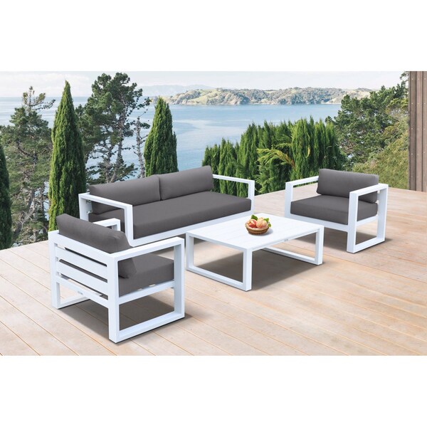 Armen Living Aelani Outdoor 4 piece Set in White Finish and Charcoal Cushions - SETODAEWH