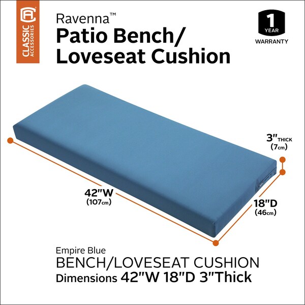 Classic Accessories Ravenna Water-Resistant Patio Bench/Settee Cushion, Empire Blue - 62-014-EMBLUE-EC