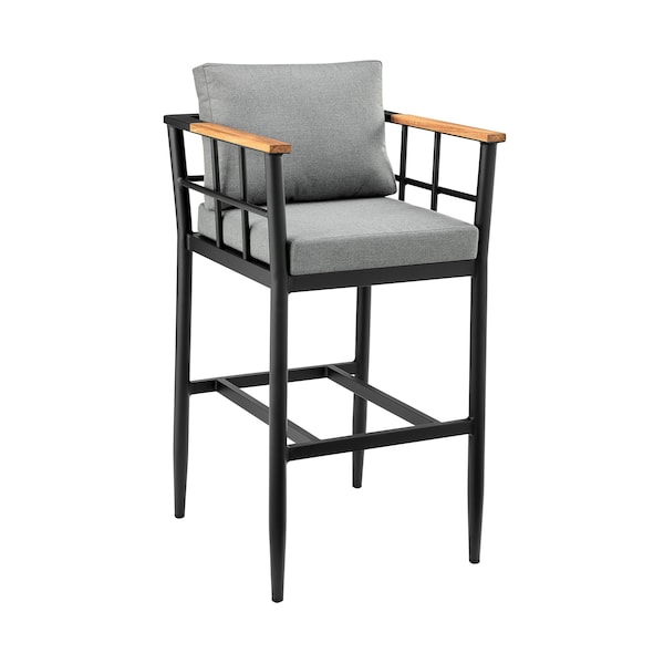 Armen Living Orlando Outdoor Patio Bar Stool in Aluminum and Teak with Gray Cushions - LCOOBLGR30