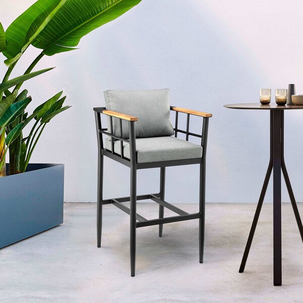 Armen Living Orlando Outdoor Patio Bar Stool in Aluminum and Teak with Gray Cushions - LCOOBLGR30