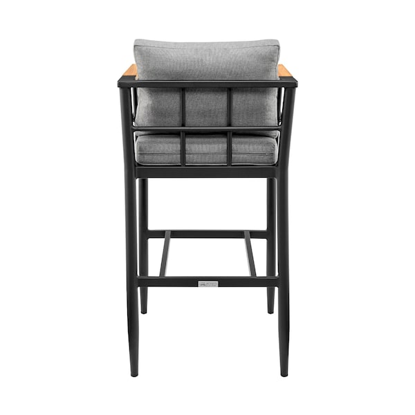 Armen Living Orlando Outdoor Patio Bar Stool in Aluminum and Teak with Gray Cushions - LCOOBLGR30