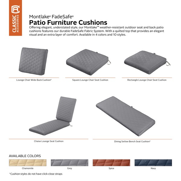 Classic Accessories Montlake Quilted Patio Cushion, Grey, 21"x20"x4" - 62-024-GREY-EC