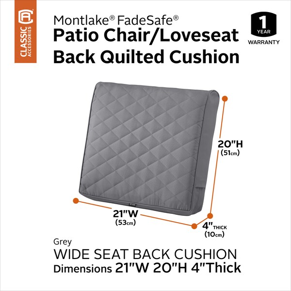 Classic Accessories Montlake Quilted Patio Cushion, Grey, 21"x20"x4" - 62-024-GREY-EC