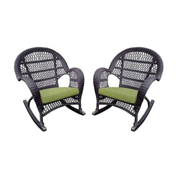 Jeco W00208-R-4-FS029-CS Espresso Wicker Rocker Chair with Green Cushion, 4PK - W00208-R_4-FS029-CS