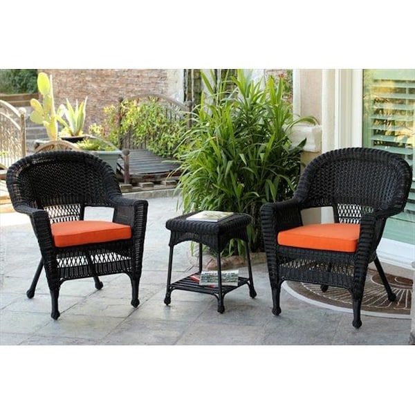 Jeco Jeco W00207_2-CES016 3 Piece Black Wicker Chair And End Table Set With Orange Cushion - W00207_2-CES016