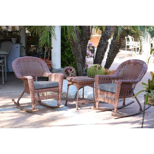 Propation W00205R-C-2-RCES033 Honey Rocker Wicker Chair Set with Steel Blue Cushion - 3 Piece - PR2442193