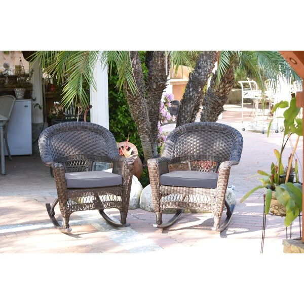 Jeco W00201R-A-2-FS033 Espresso Rocker Wicker Chair with Steel Blue Cushion - W00201R-A_2-FS033