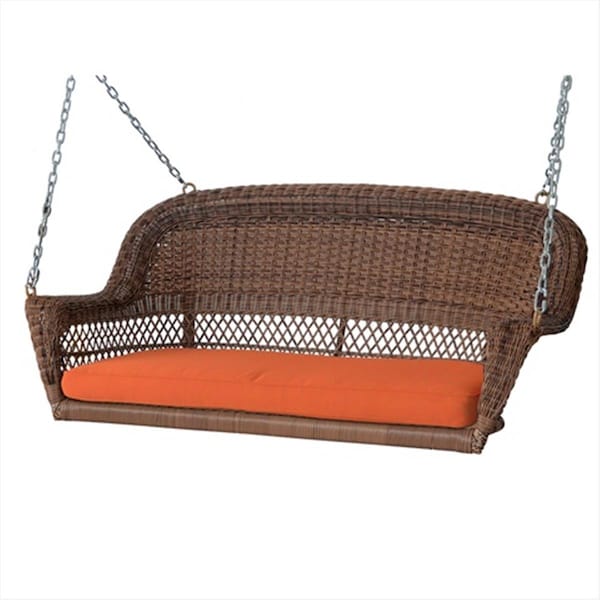 Jeco Honey Wicker Porch Swing With Orange Cushion - W00205S-C-FS016