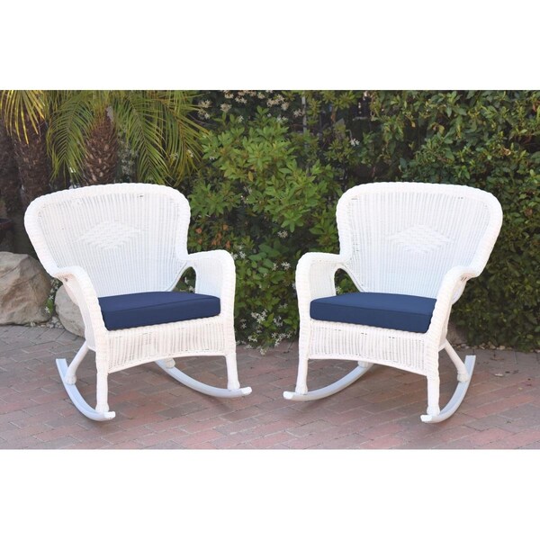 Jeco W00213-R-2-FS011 Windsor White Resin Wicker Rocker Chair with Blue Cushion, 2PK - W00213-R_2-FS011