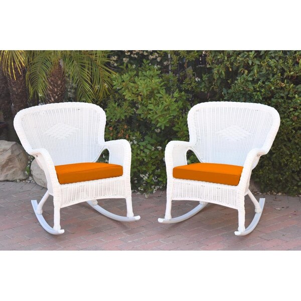 Jeco W00213-R-2-FS016 Windsor White Resin Wicker Rocker Chair with Orange Cushion, 2PK - W00213-R_2-FS016