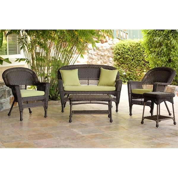 Jeco 5 Piece Espresso Wicker Conversation Set - Green Cushions - W00201-G-OT-FS029