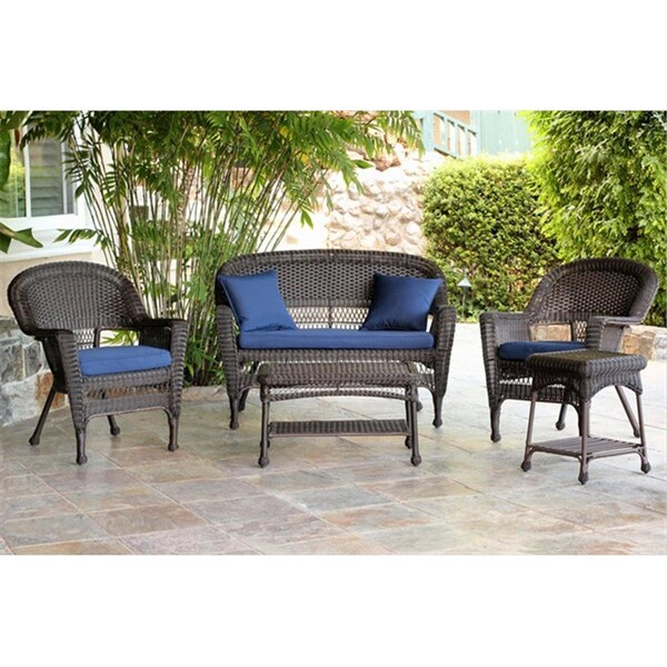 Jeco 5 Piece Espresso Wicker Conversation Set - Blue Cushions - W00201-G-OT-FS011