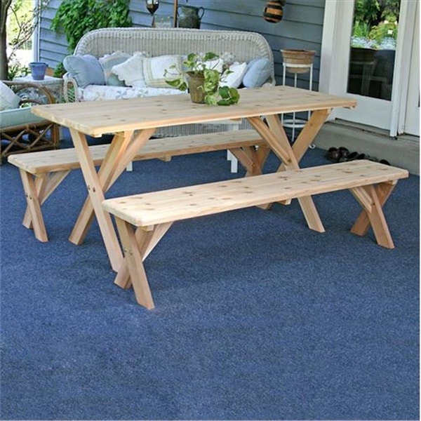 Gardencare 27 in. x 8 ft. Red Cedar Backyard Bash Cross Legged Picnic Table with Detached Benches - GA2829090