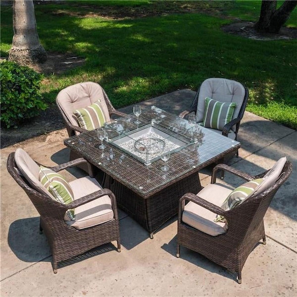 Direct Wicker 5 Piece Outdoor PE Rattan Wicker Patio Gas Fire Pit Square Table Set with Arm Chairs, Brown - PAG-1104