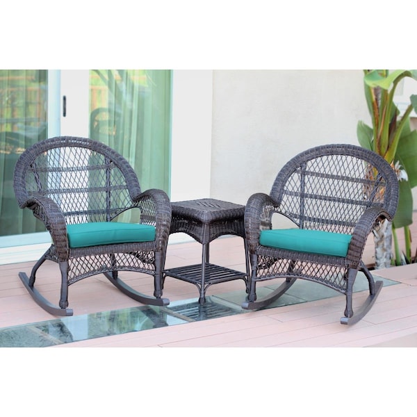 Propation W00208-2-RCES032 Santa Maria Espresso Rocker Wicker Chair Set - Turquoise Cushions - 3 Piece - PR3014715