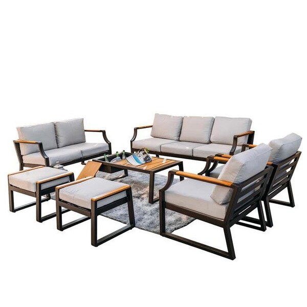 Direct Wicker 7 Piece Outdoor Black Iron Conversational Sofa Set with Gray Cushions and Drink Cooler - PAS-2101-BLACK