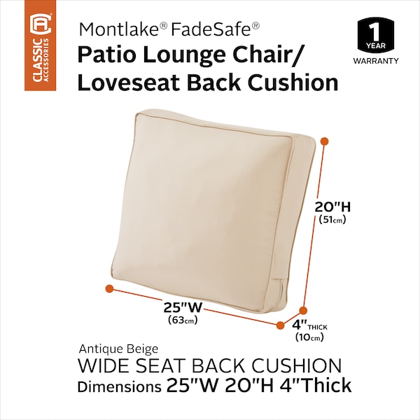 Classic Accessories Montlake FadeSafe Patio Lounge Chair/Loveseat Back Cushion, 25 x 20 x 4 Inch, Antique Beige - 62-063-BEIGE-EC