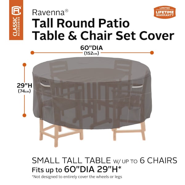 Classic Accessories Ravenna Small Tall Round Table/Chair Set Cover, Grey, 62"x62" - 55-187-015101-EC