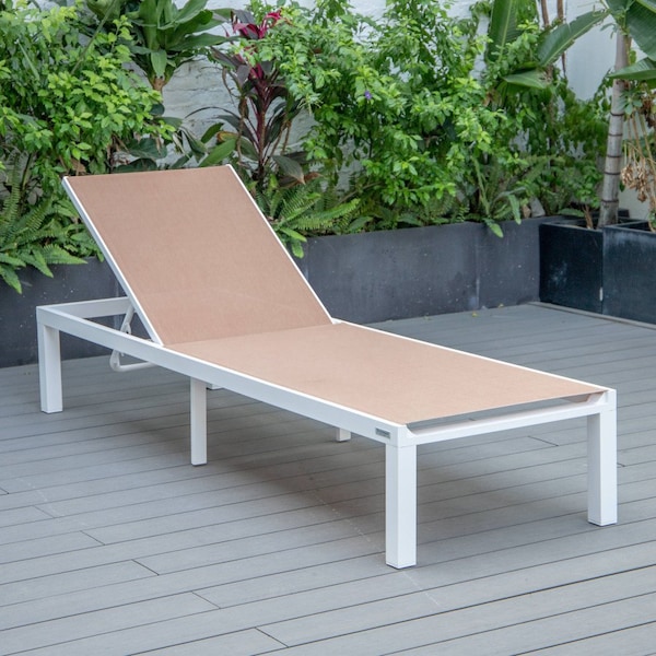 Leisuremod Marlin White Aluminum Patio Chaise Lounge Chair with Square Fire Pit Table, Light Brown - MLWCF21-77LBR