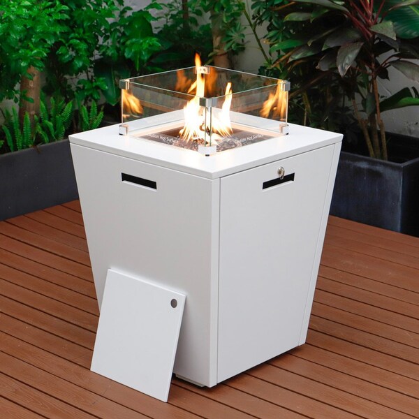 Leisuremod Marlin White Aluminum Patio Chaise Lounge Chair with Square Fire Pit Table, Light Brown - MLWCF21-77LBR