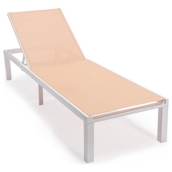 Leisuremod Marlin White Aluminum Patio Chaise Lounge Chair with Square Fire Pit Table, Light Brown - MLWCF21-77LBR