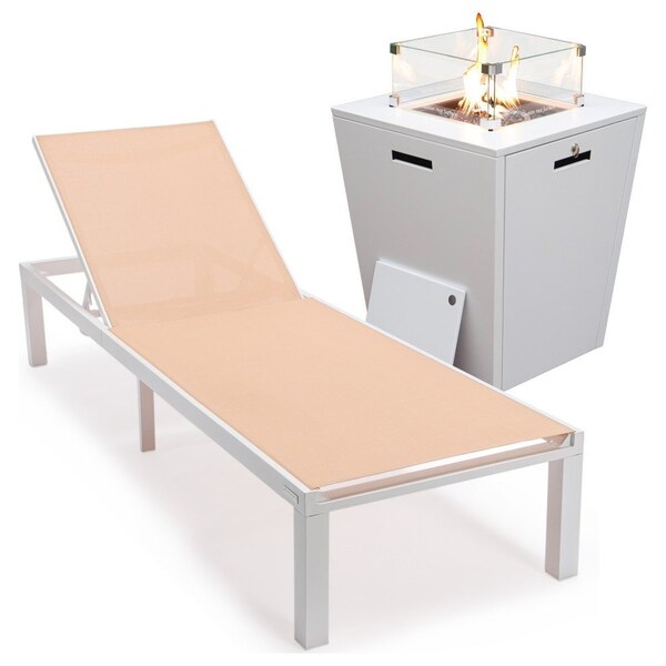 Leisuremod Marlin White Aluminum Patio Chaise Lounge Chair with Square Fire Pit Table, Light Brown - MLWCF21-77LBR