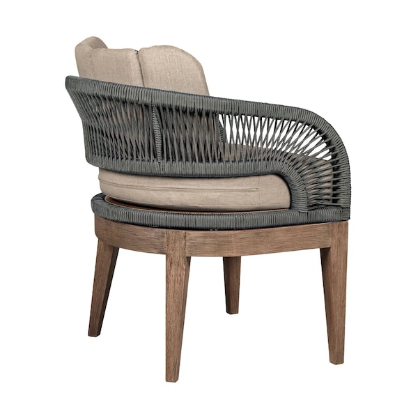 Armen Living Orbit Outdoor Patio Dining Chair in Weathered Eucalyptus Wood with Gray Rope and Taupe Cushions - LCORSIEUCTP