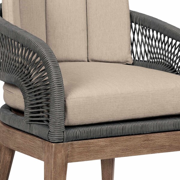 Armen Living Orbit Outdoor Patio Dining Chair in Weathered Eucalyptus Wood with Gray Rope and Taupe Cushions - LCORSIEUCTP