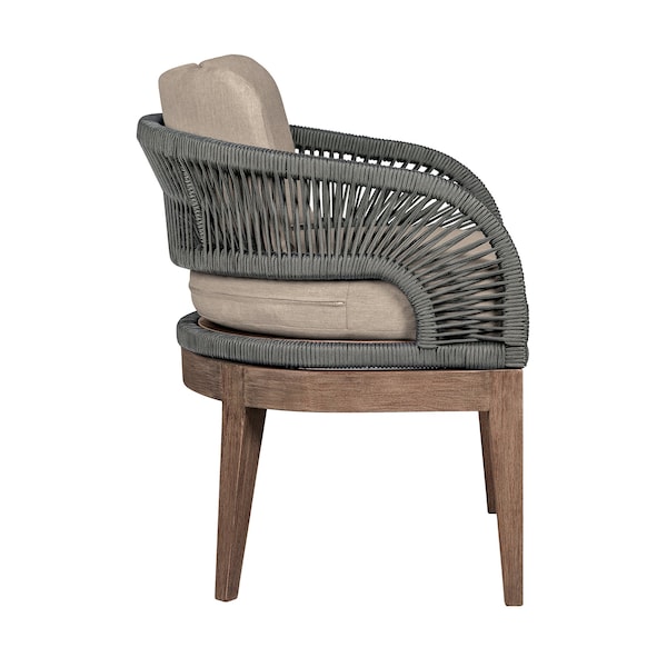 Armen Living Orbit Outdoor Patio Dining Chair in Weathered Eucalyptus Wood with Gray Rope and Taupe Cushions - LCORSIEUCTP