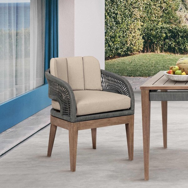 Armen Living Orbit Outdoor Patio Dining Chair in Weathered Eucalyptus Wood with Gray Rope and Taupe Cushions - LCORSIEUCTP