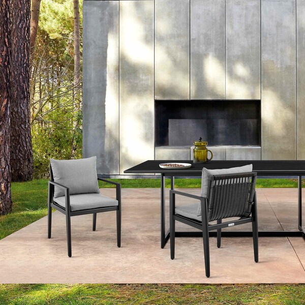 Armen Living Cayman Outdoor Patio Dining Chairs with Arms in Aluminum with Gray Cushions - Set of 2 - LCCCCHBL