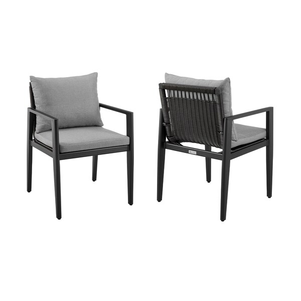 Armen Living Cayman Outdoor Patio Dining Chairs with Arms in Aluminum with Gray Cushions - Set of 2 - LCCCCHBL