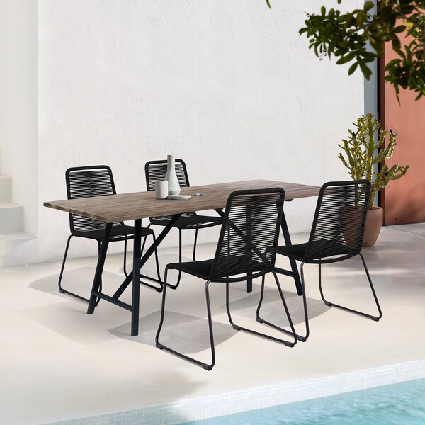 Armen Living Koala and Shasta 5 Piece Outdoor Patio Dining Set in Light Eucalyptus Wood and Black Rope - 840254336384