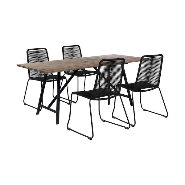 Armen Living Koala and Shasta 5 Piece Outdoor Patio Dining Set in Light Eucalyptus Wood and Black Rope - 840254336384