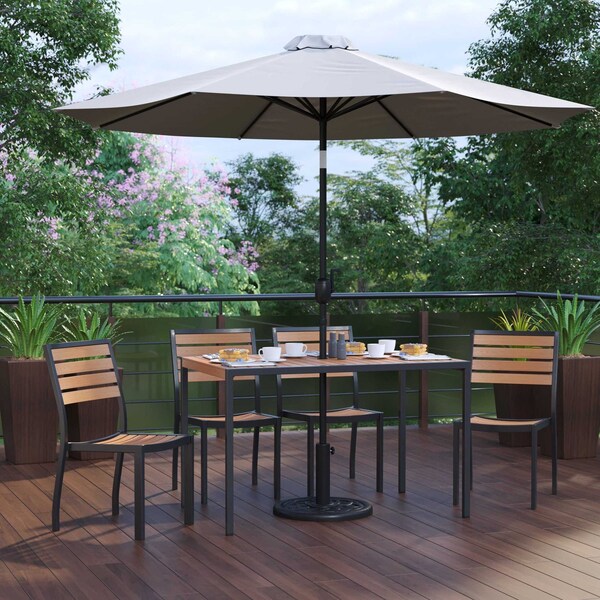 Flash Furniture Faux Teak 30x48 Table-Gray Umbrella-Base-4 Chairs - XU-DG-304860364-UB19BGY-GG